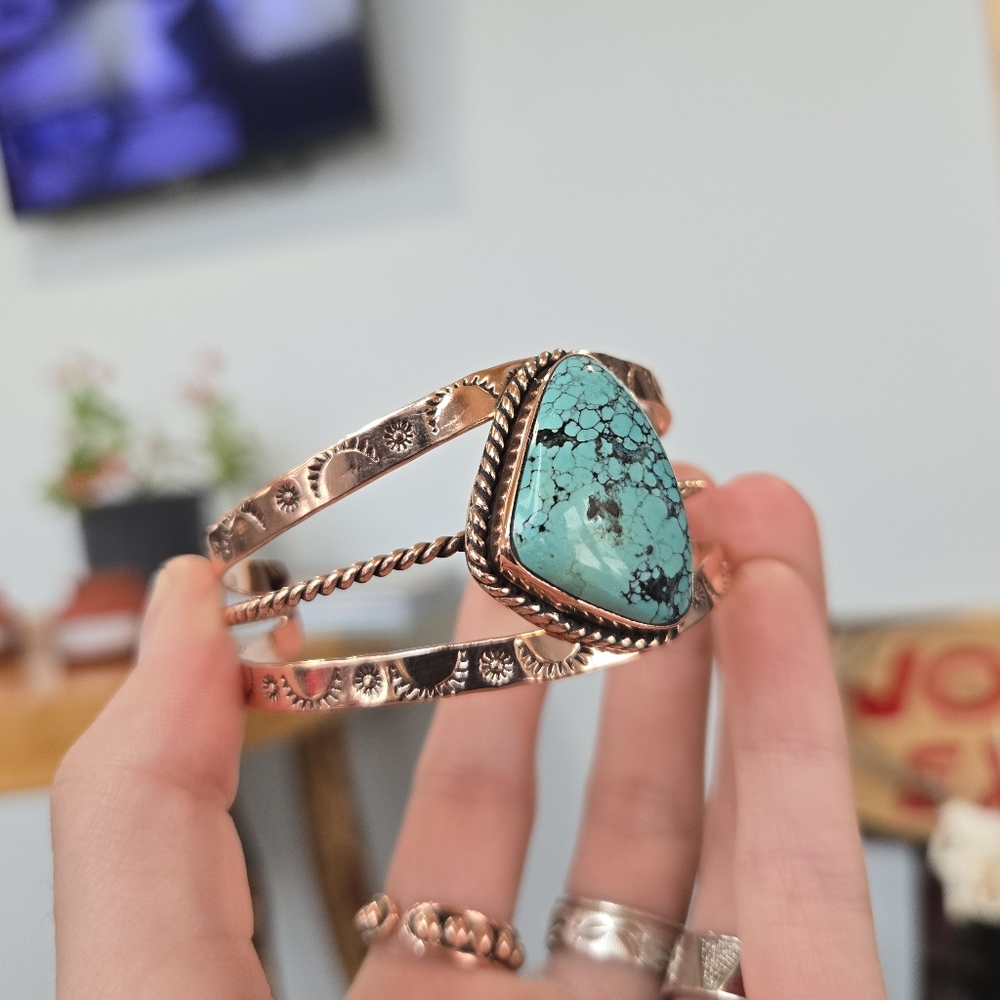 Turquoise Copper Engraved Cuff Bracelet - Picture 3 of 6